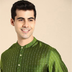 Men Olive Green & Gold-Toned Ethnic Motifs Woven Design Kurta