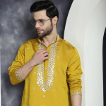 Geometric Embroidered Mandarin Collar Mirror Work Cotton Silk Straight Kurta
