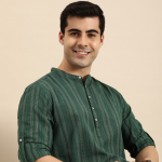 Men Green & Gold-Toned Striped Mandarin-Collar Kurta