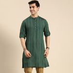 Men Green & Gold-Toned Striped Mandarin-Collar Kurta