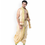 Ready to Wear Dhoti and Angavastram Set with Woven Golden Leaves Border