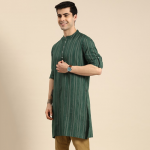 Men Green & Gold-Toned Striped Mandarin-Collar Kurta