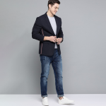 Men Navy Blue Solid Single-Breasted Regular Fit Casual Blazer