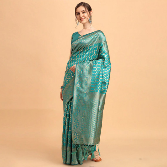 https://daiseyfashions.com/products/green-gold-toned-silk-blend-fusion-leheriya-saree
